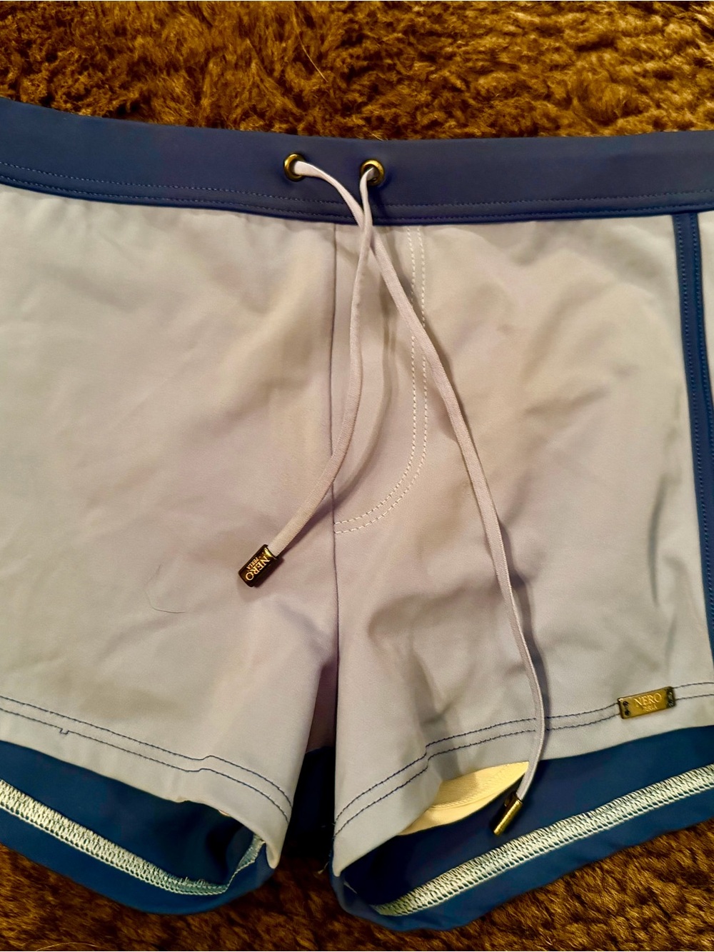 Light Blue Men's Swim Trunks with Black Waist Trim - Picture 13 of 13
